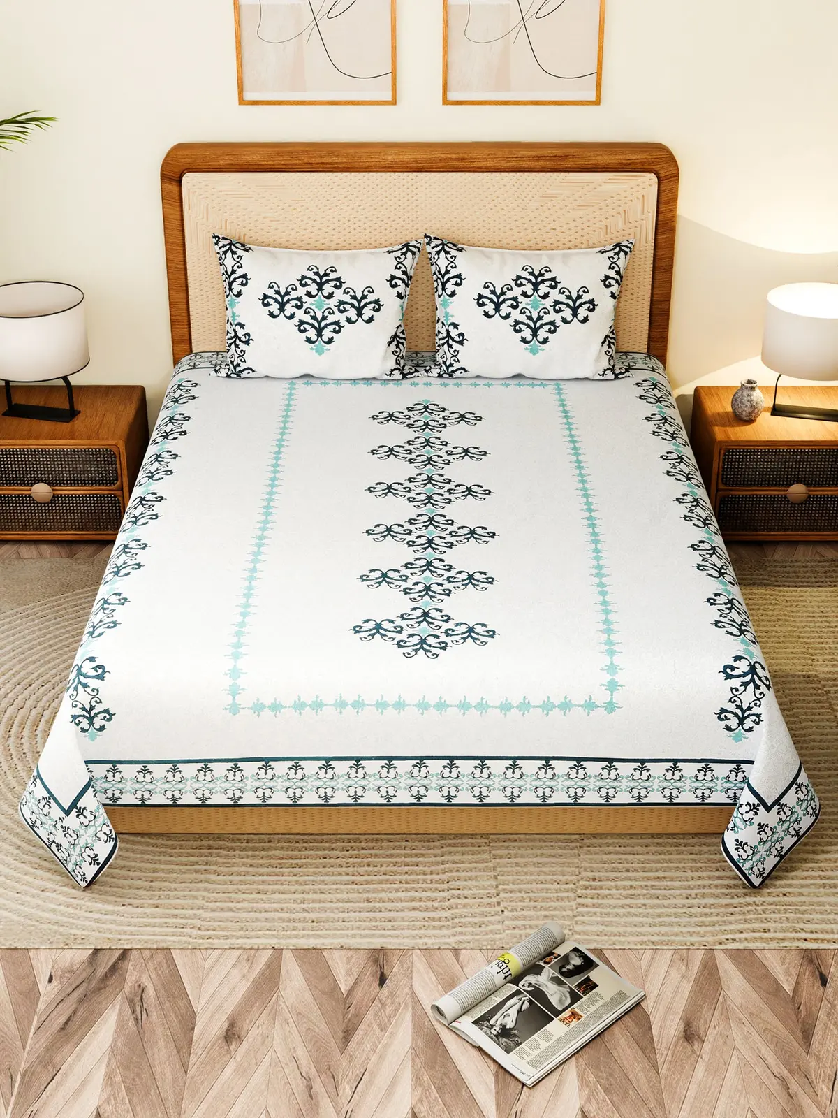 Slumbera Cotton Printed Double Bedsheet With Pillow 1