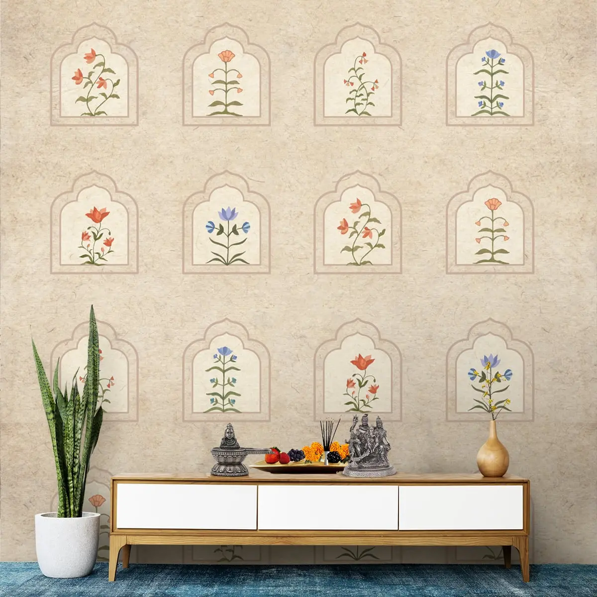 Floral Radiance Framed Jharokha Wallpaper For Rooms, Customised 1