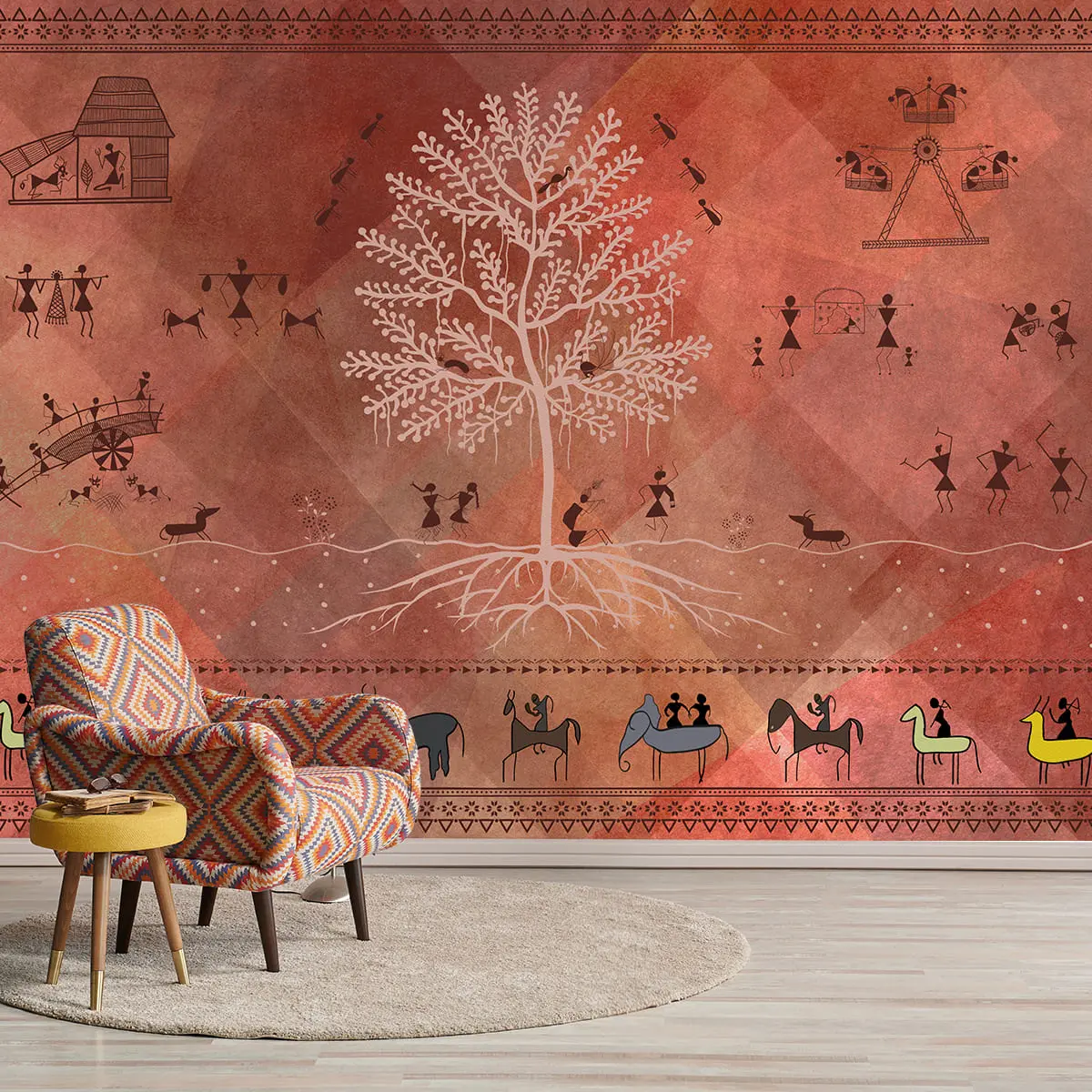 Chitra, Modern Warli Art Design Wallpaper Design For Walls, Customised 1