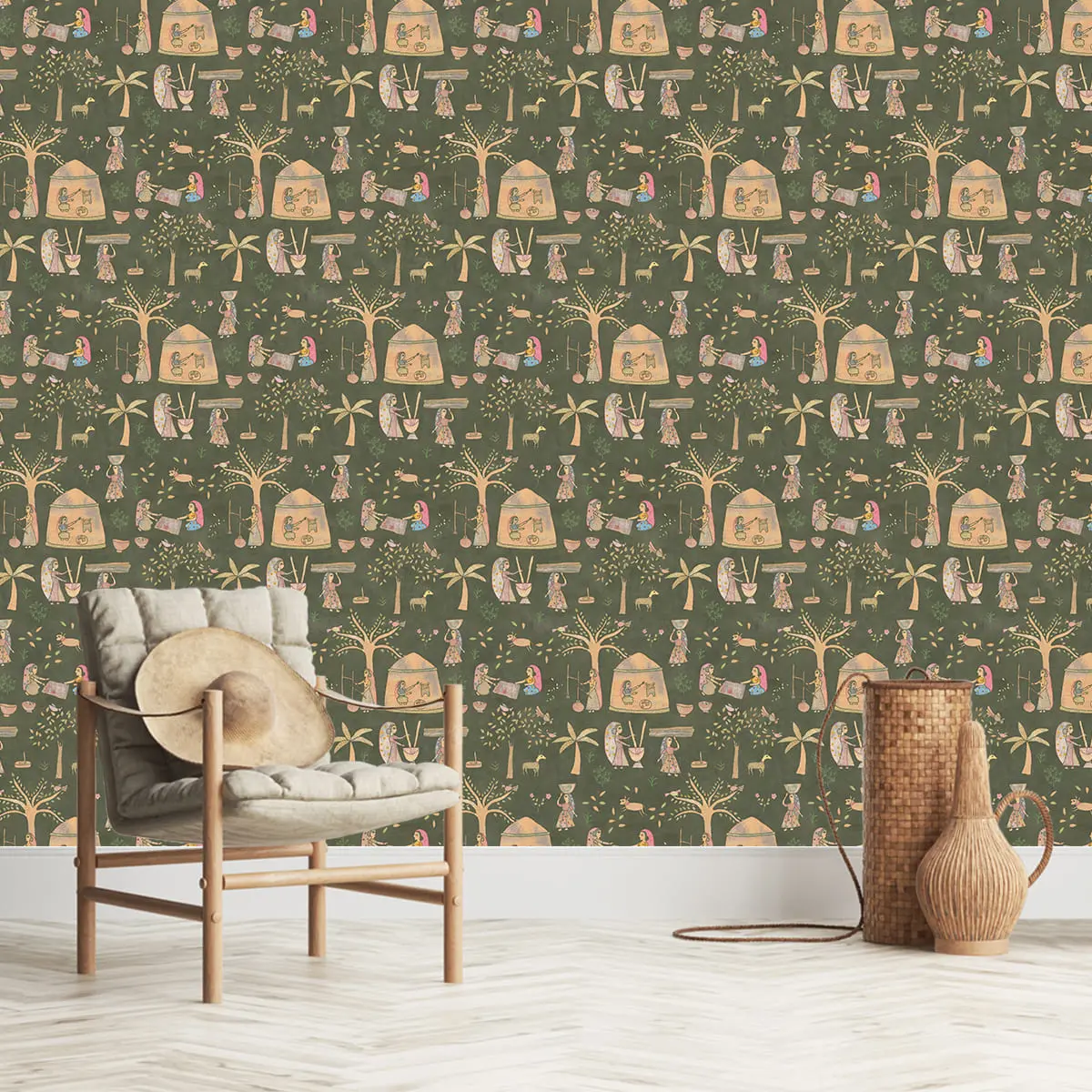 Mithila Indian Sujani Art Deep Green Wallpaper For Wall 2