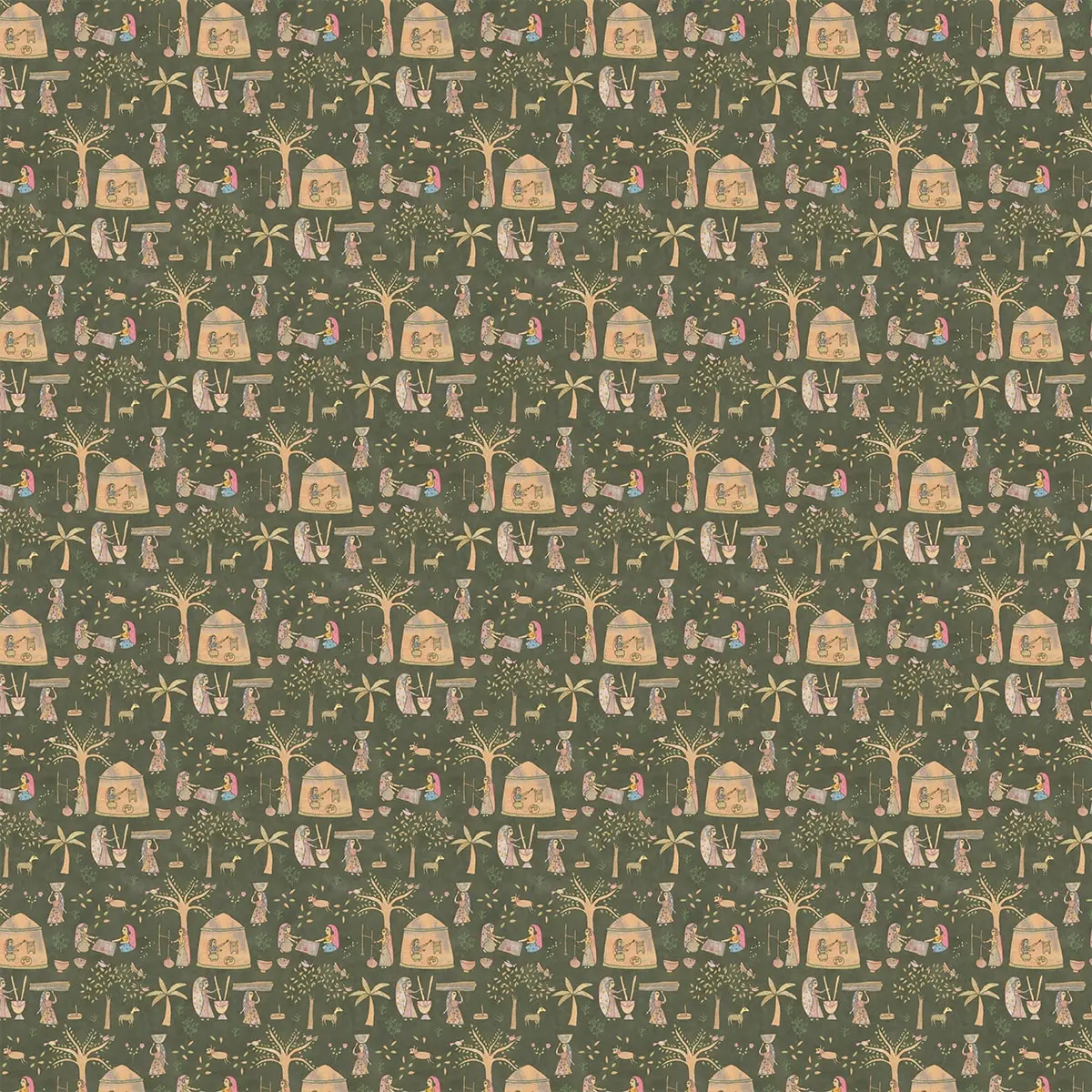 Mithila Indian Sujani Art Deep Green Wallpaper For Wall 4