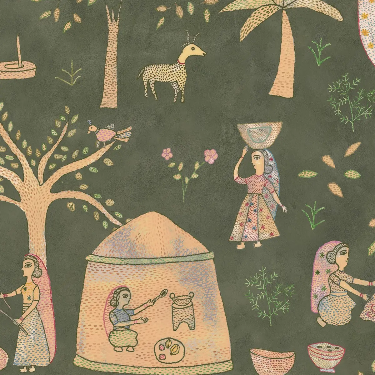 Mithila Indian Sujani Art Deep Green Wallpaper For Wall 3