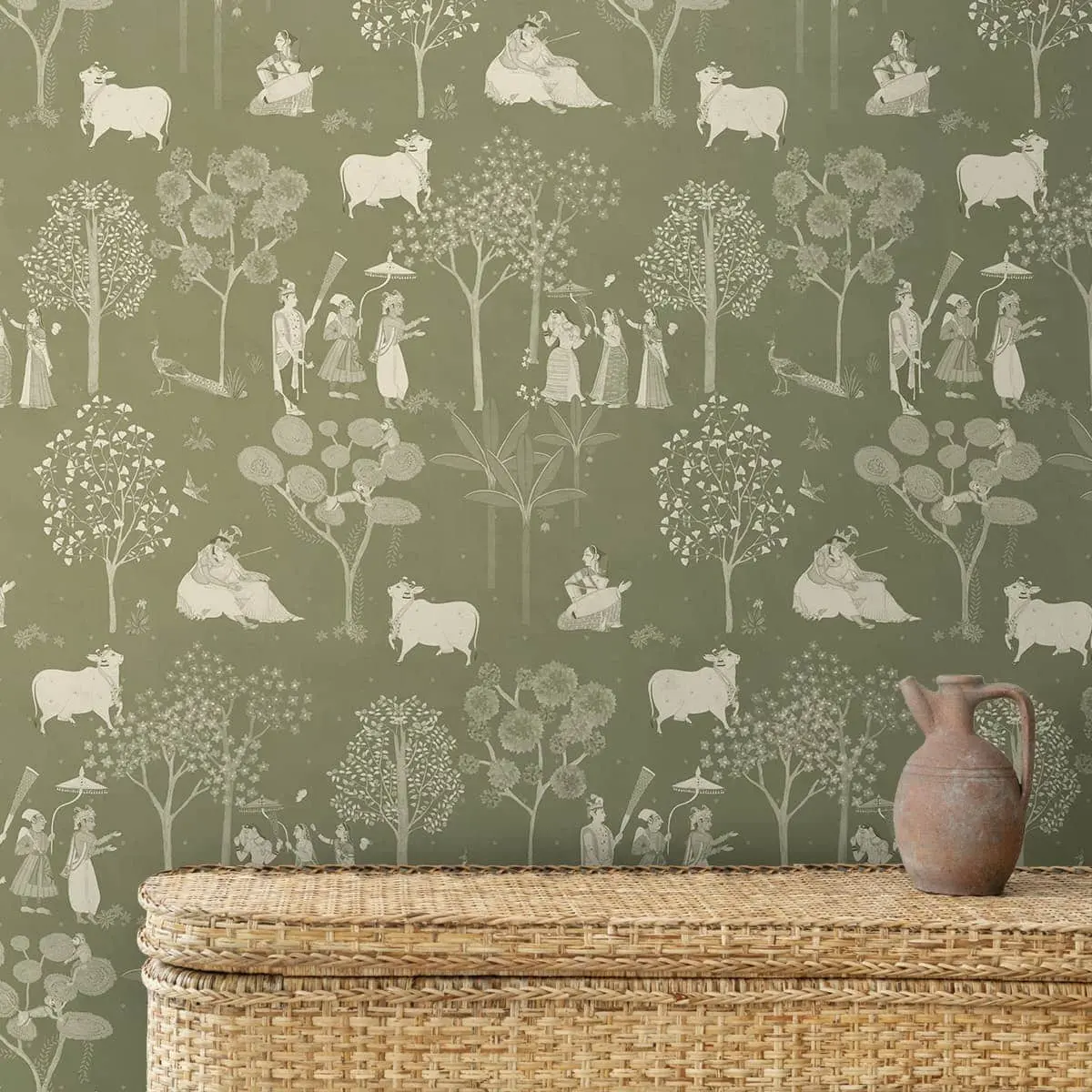 Sangam Radha Krishna Wallpaper In Olive Color 1