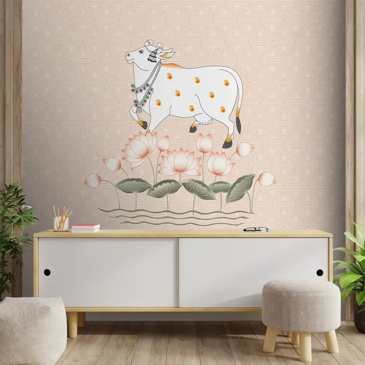 Cow And Lotuses, Pichwai Wallpaper Cream Color 1