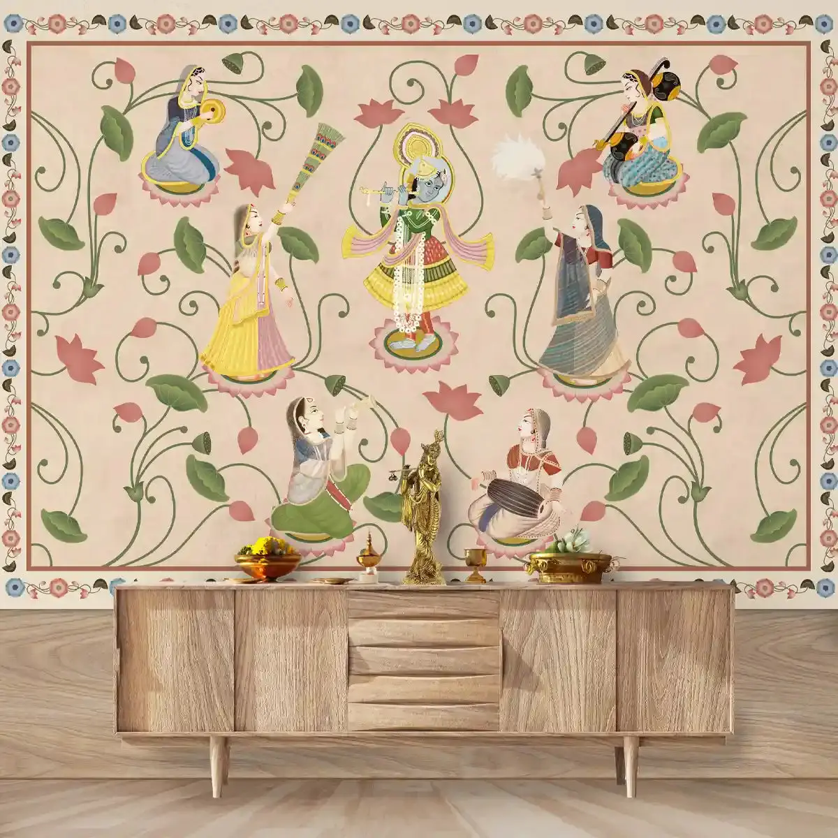 Vrindavan, Shri Krishna And Gopies Pastel Colors Wallpaper 1