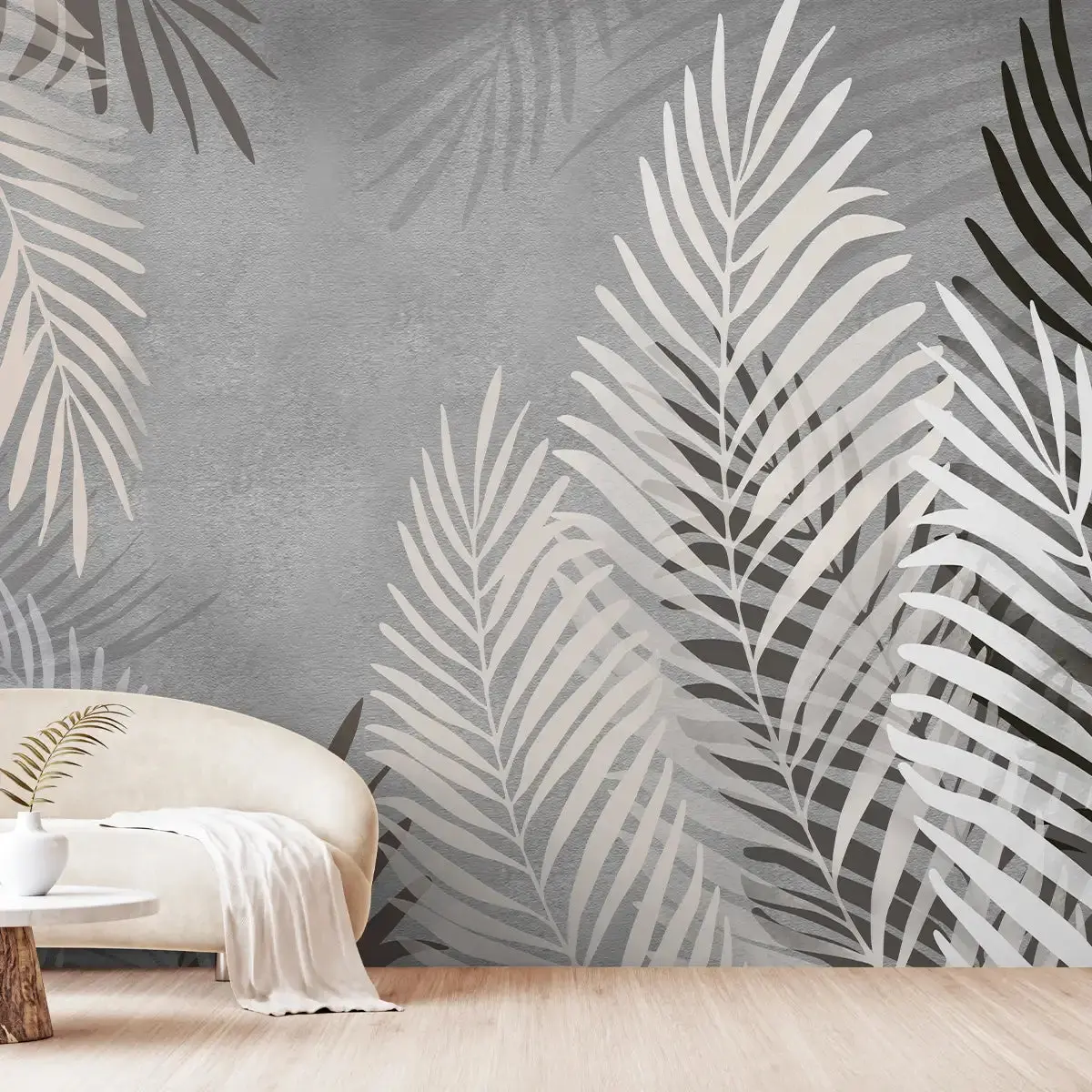 Beige And Grey Background Tropical Leaves Wallpaper, Customised 1