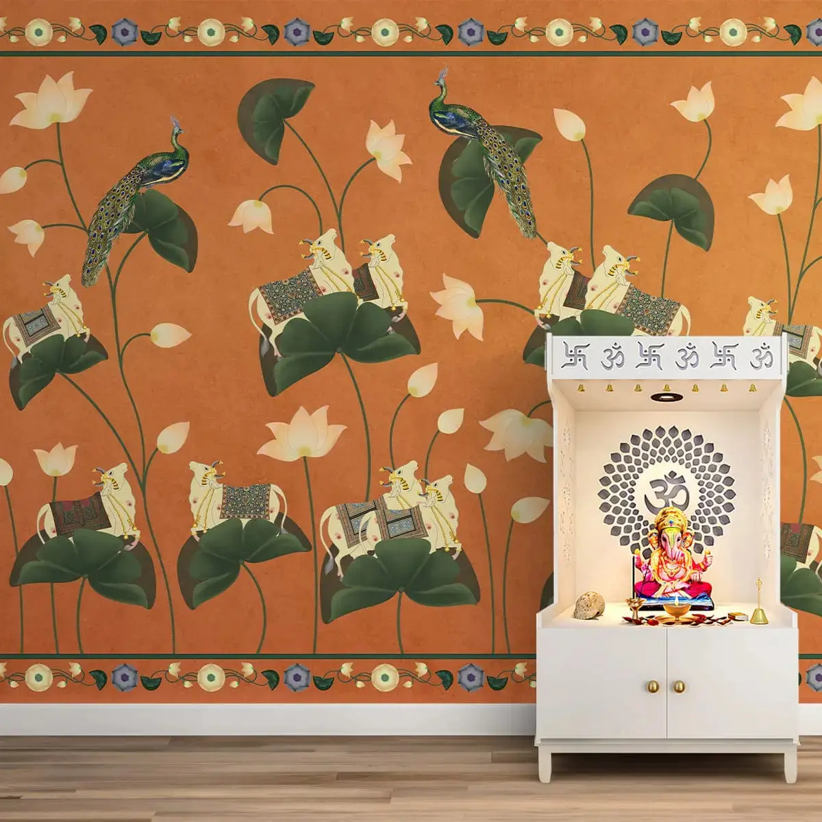 Pichwai Floral Cow Painting Inspired Rust Orange Wallpaper For Walls 1