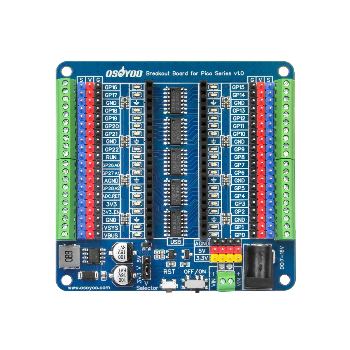 Io Breakout Board For Raspberry Pi Pico - Gpio Status Leds, Reverse Power Protection, 3-Pin Sensor/Servo Interface, Independent 5V/3.3V Power Supply, On-Board Screw Terminals For Prototyping 1