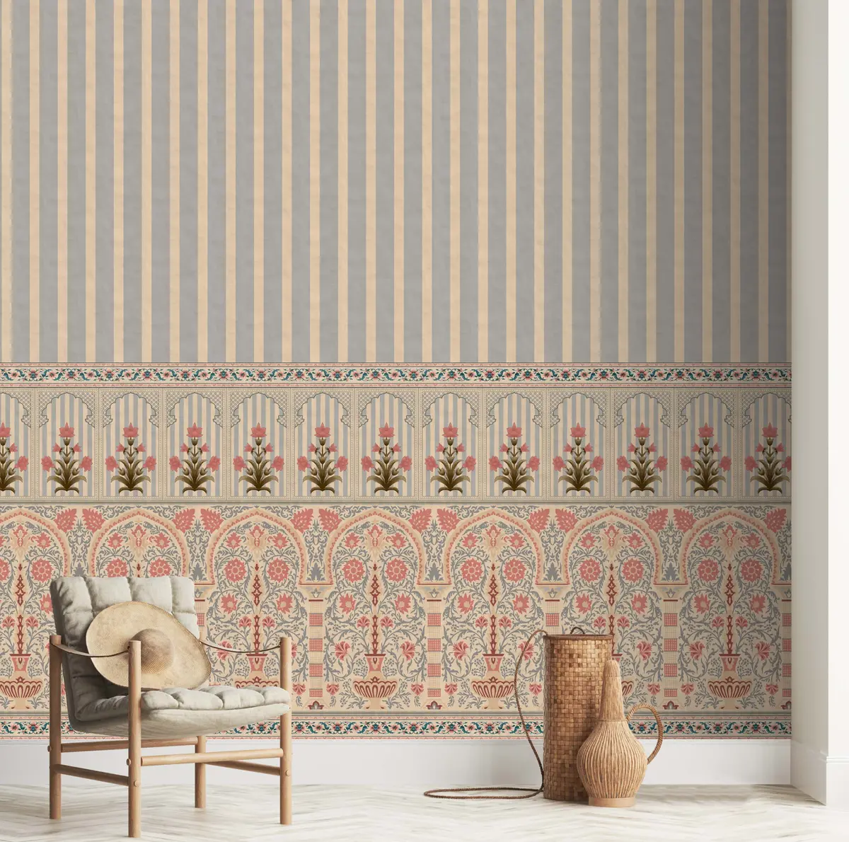 Kusum: Indian Floral Jharokha And Stripes Design Wallpaper 1