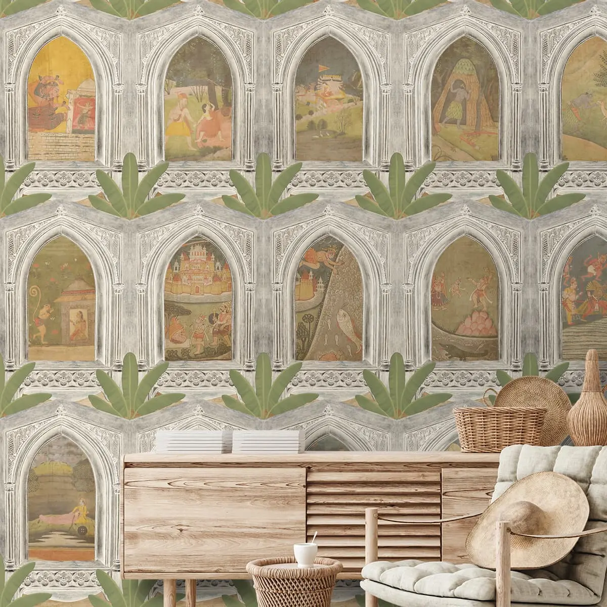 Ramayan: Divine Jharokha Vignettes, Antique Silver Wallpaper 1