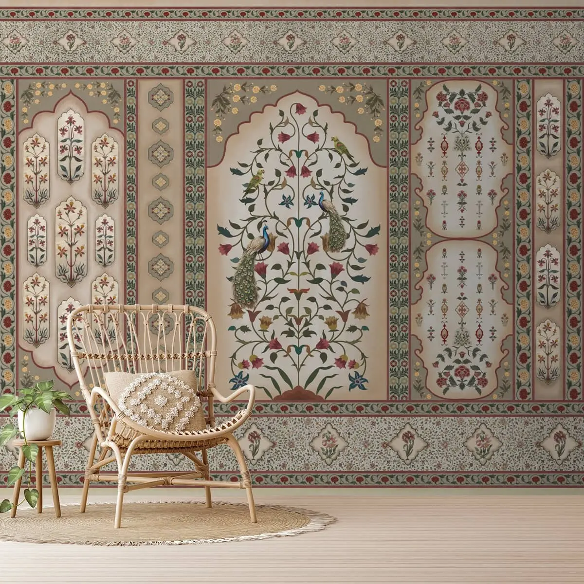 Madhuban Indian Floral Jharoka Wallpaper In Suneherii Collection In Green 1