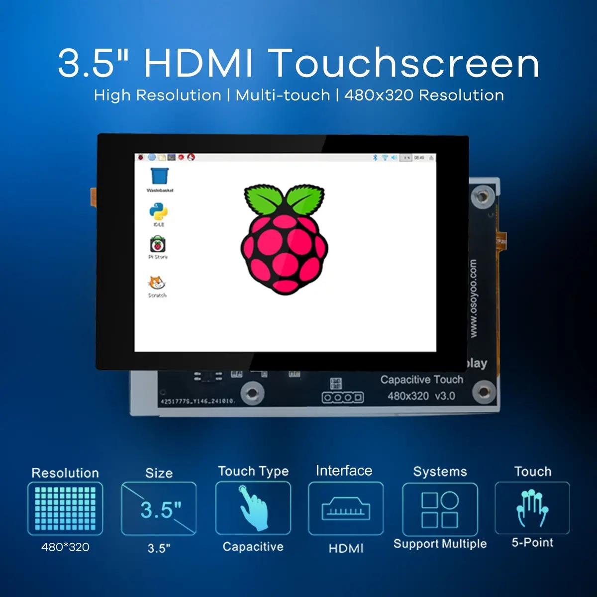 3.5" Hdmi Capacitive Touch Screen For Jetson Nano / Raspberry Pi 5, 4, 3B / Pc, Pulg And Play, Compatible With Windows 11 10 8 7, Raspberry Pi Os, Ubutun, Kali Osoyoo 2