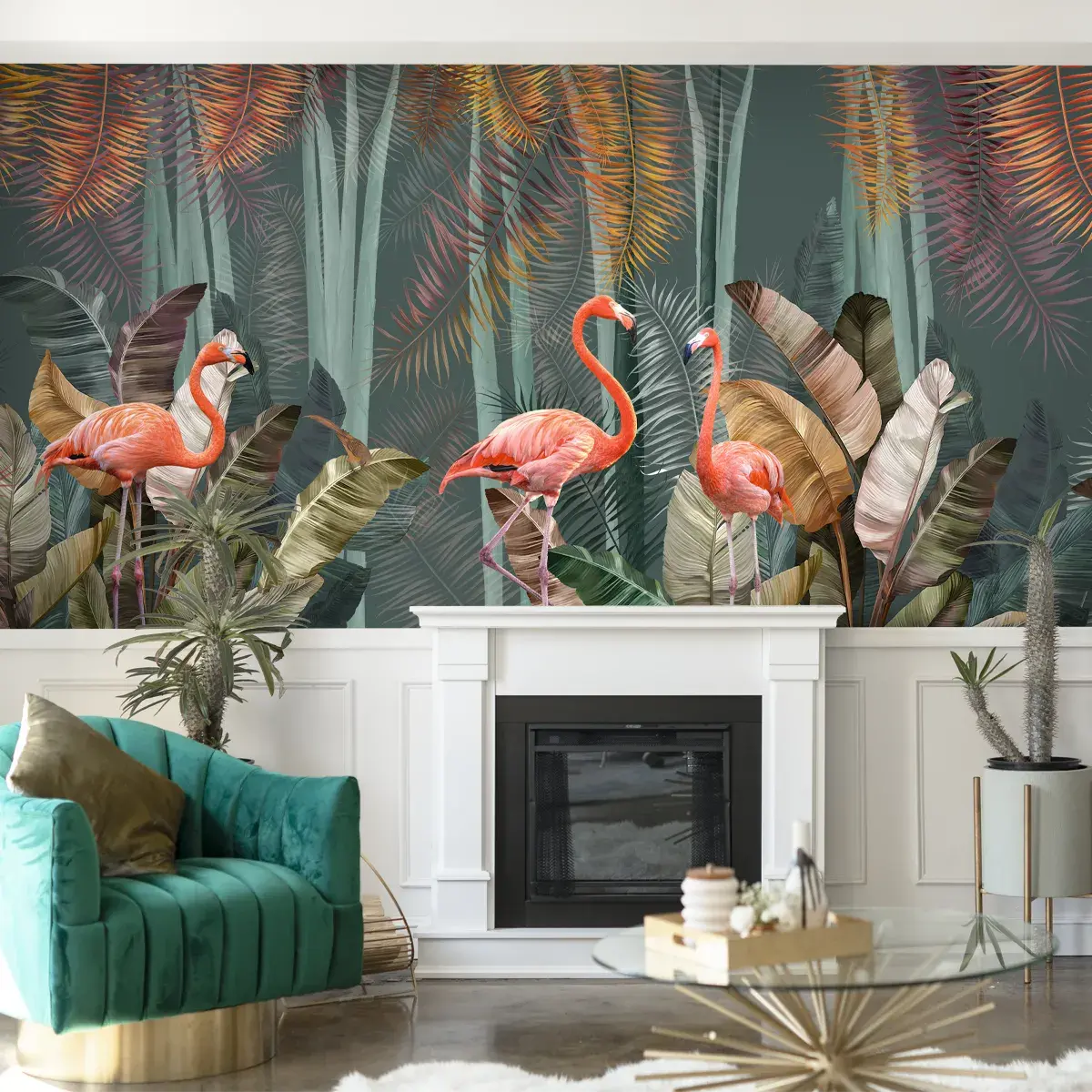 Pink Flamingos In Tropical Jungle Wallpaper For Rooms 2