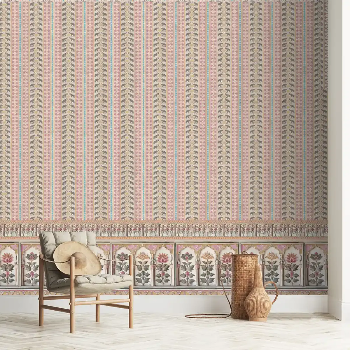 Kala Heritage Elegance: Intricate Indian Temple Art Wallpaper In Pink And Yellow 1