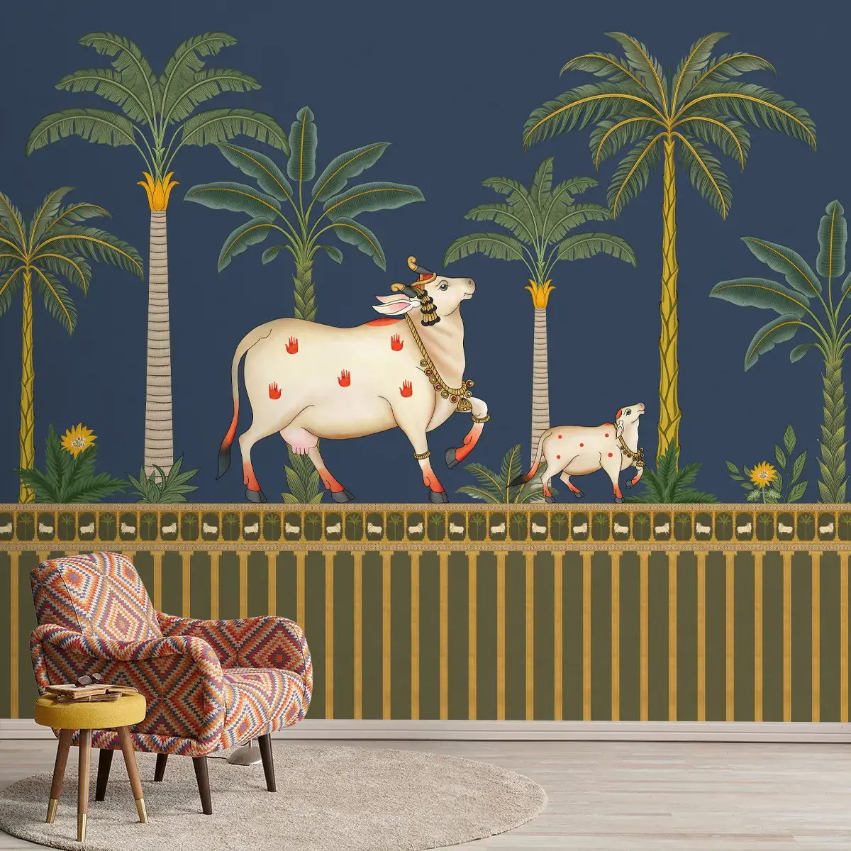 Surabhi Cows Pichwai Design Wallpaper Customised, Blue Color 2