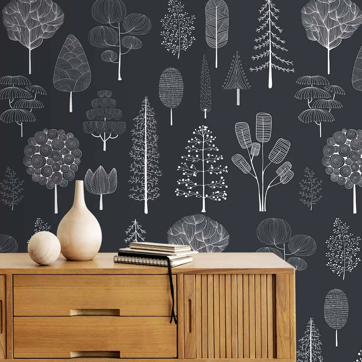 White Tree Sketch On Black Background, Premium Wallpaper 1
