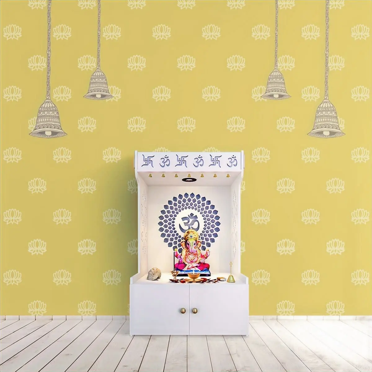 Divine Glow: Beautiful Yellow Pichwai Wallpaper For Pooja Room, Customised 1