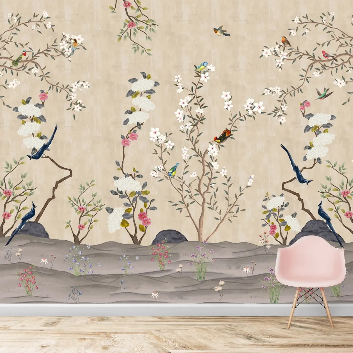Chinoiserie Floral Theme Wallpaper For Walls, Customised 1