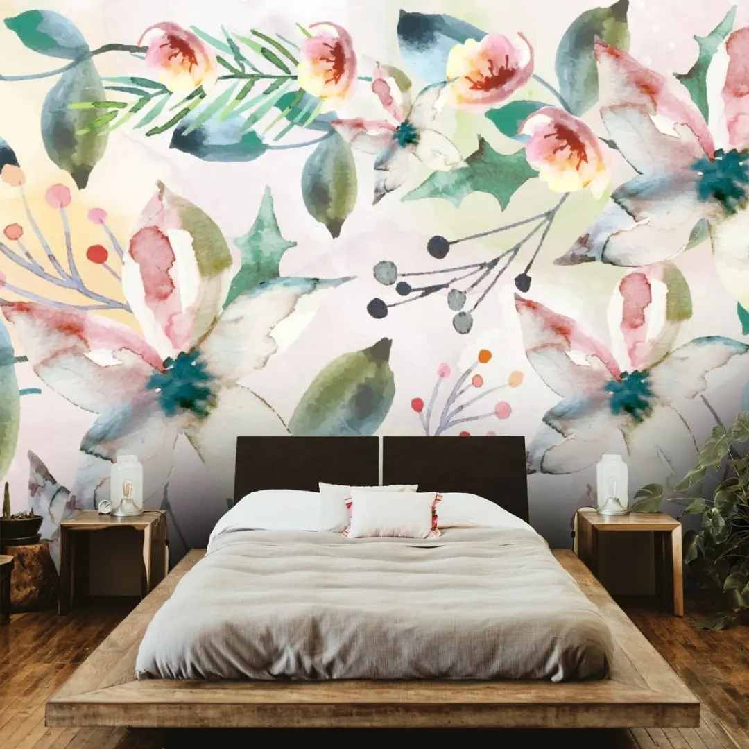 Large Hand-Painted Look Floral Bedroom Wallpaper 1