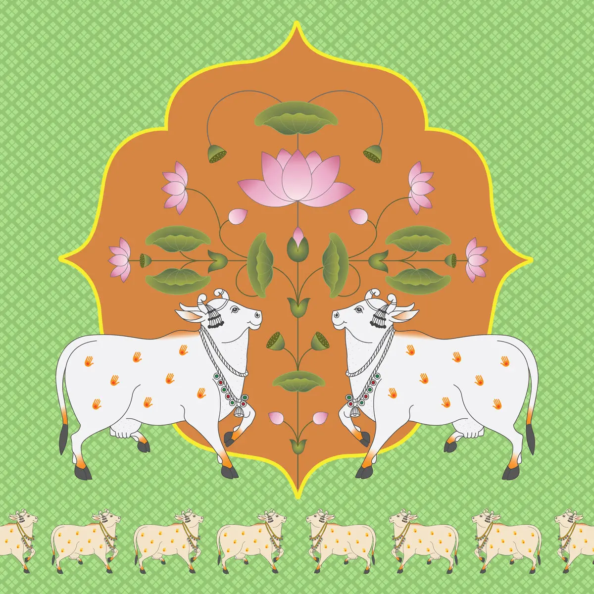 Vibrant Cow Pichwai: Spiritual Pooja Room Wallpaper, Green 5
