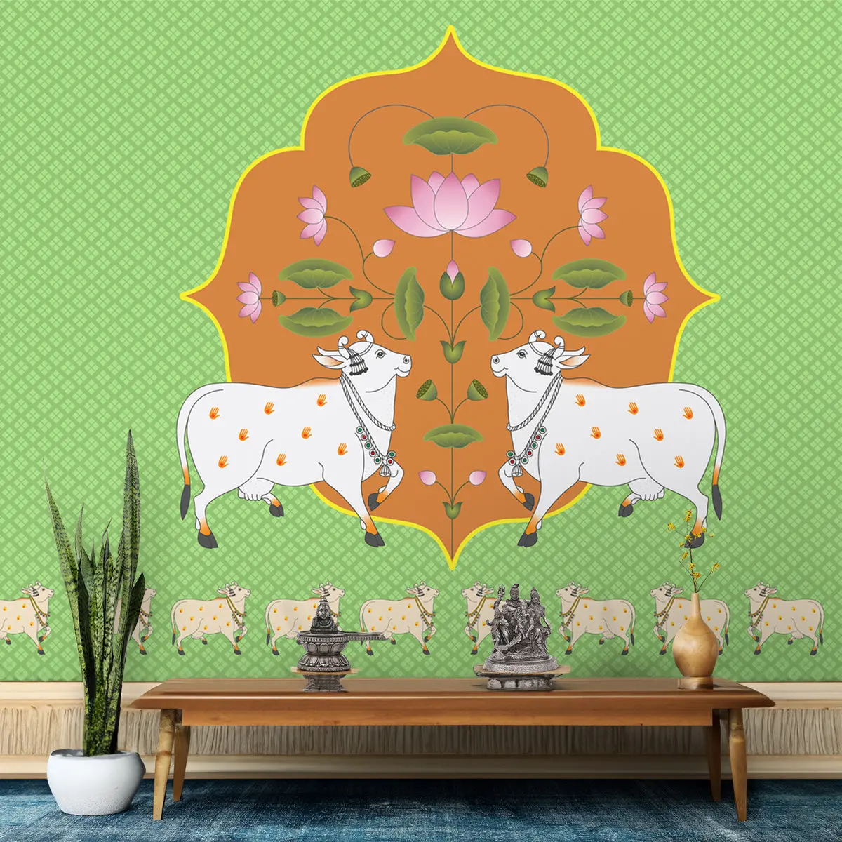 Vibrant Cow Pichwai: Spiritual Pooja Room Wallpaper, Green 2