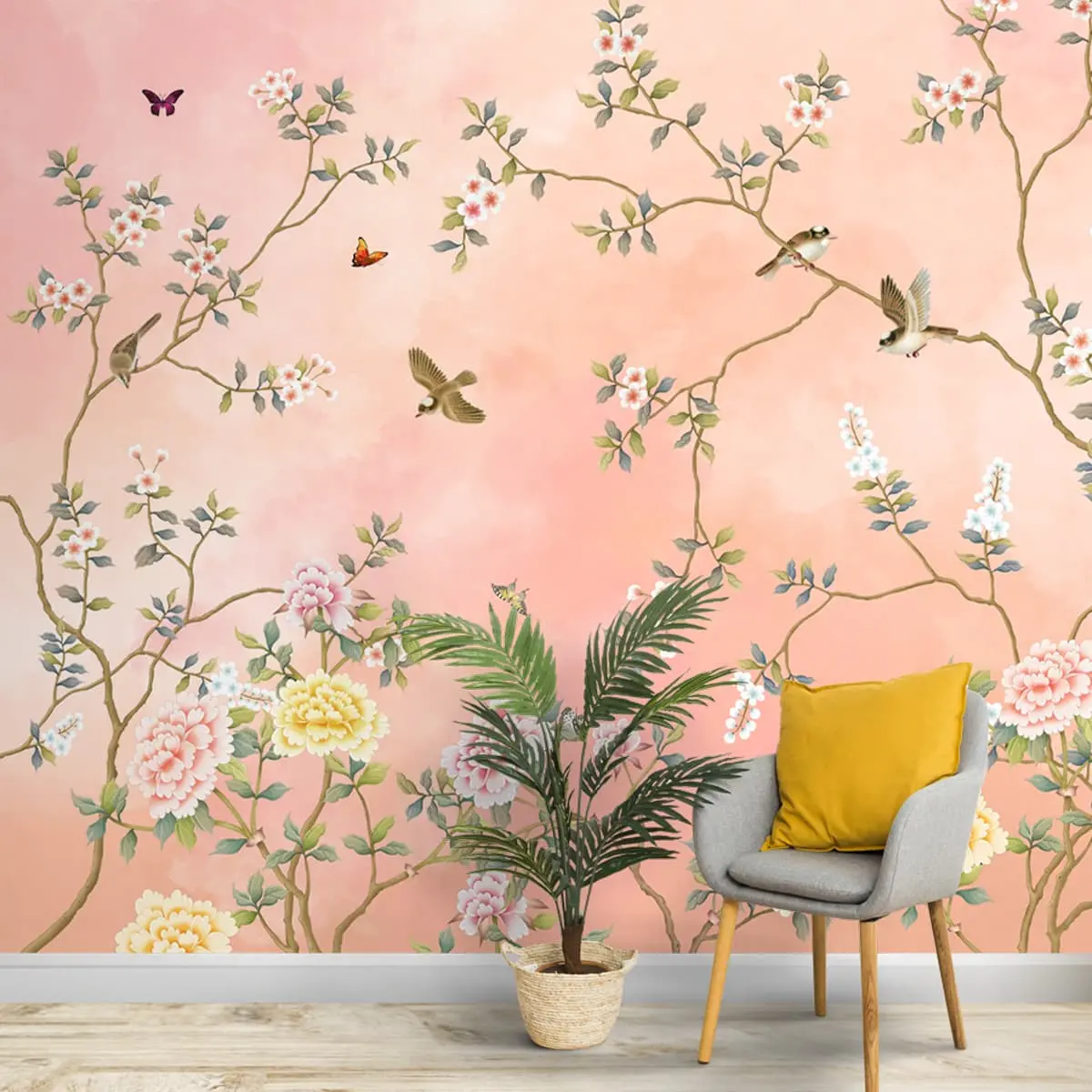 Blossom, Peach Chinoiserie Wallpaper, Customised 1