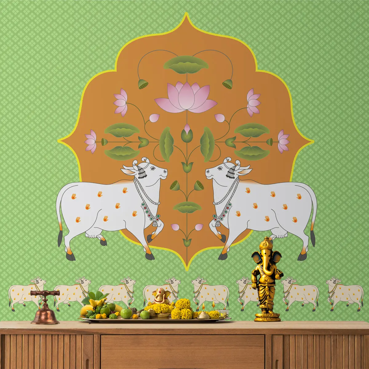 Vibrant Cow Pichwai: Spiritual Pooja Room Wallpaper, Green 1