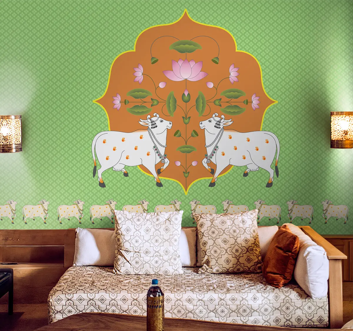 Vibrant Cow Pichwai: Spiritual Pooja Room Wallpaper, Green 3