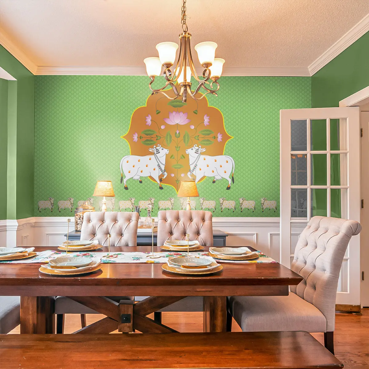 Vibrant Cow Pichwai: Spiritual Pooja Room Wallpaper, Green 4