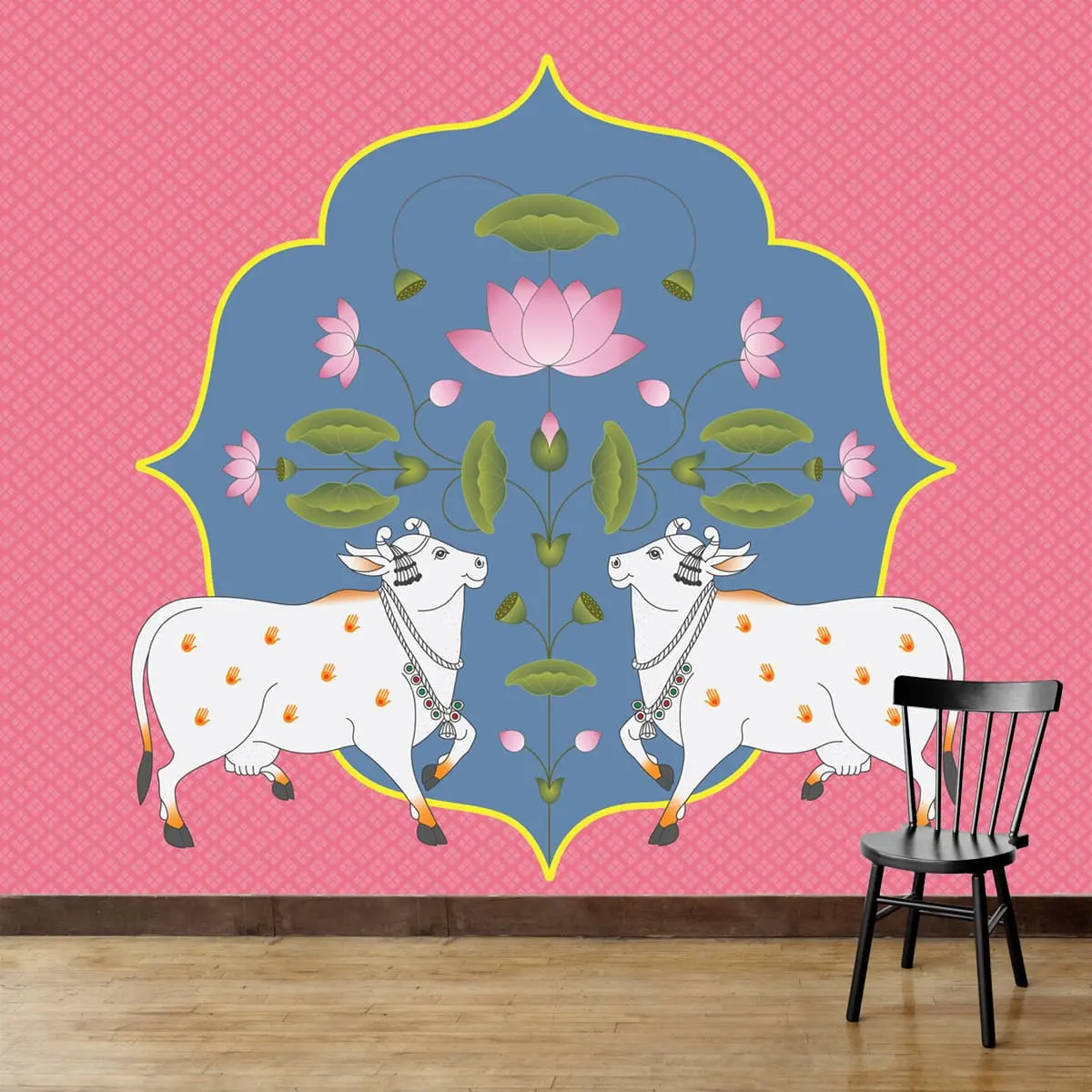 Cows And Lotus In Pichwai Style Wallpaper, Pink & Blue, Customised 1