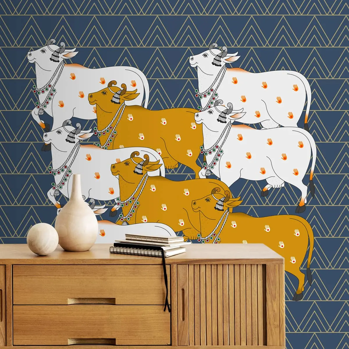 Pichwai Cow Design  Blue Wallpaper For Walls, Customised 1
