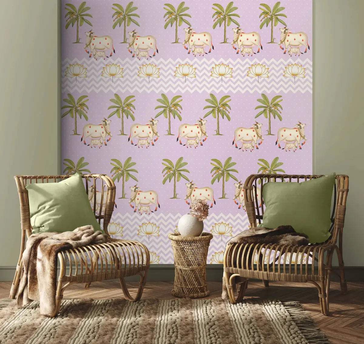 Pichwai Cows In Mauve Chevron Pattern Wallpaper 1