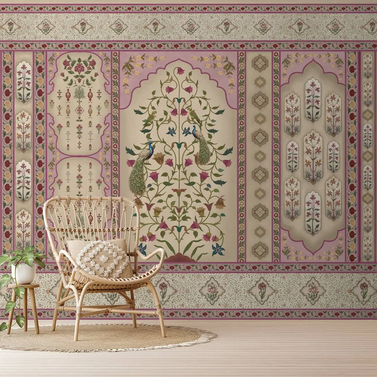 Madhuban Indian Floral Jharoka Wallpaper In Suneherii Collection Pink 1