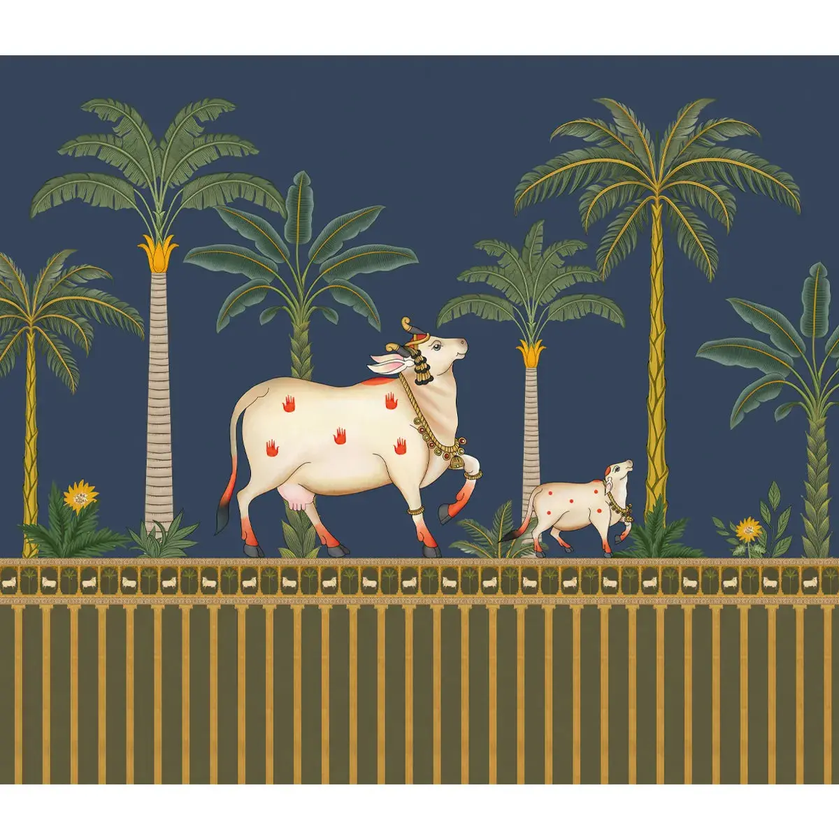 Surabhi Cows Pichwai Design Wallpaper Customised, Blue Color 3