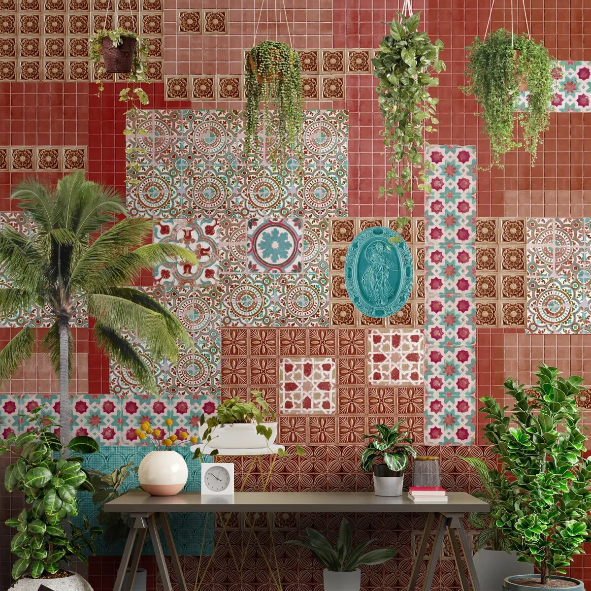 Eclectic Montage Tiles And Tropical Wallpaper 1