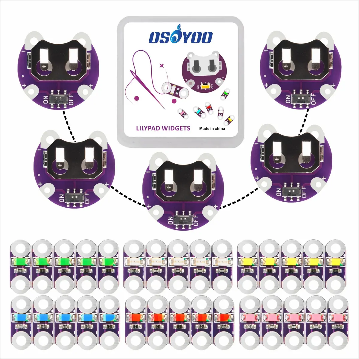 5X Lilypad Coin Cell Battery Holder+5X Six Color Lilypad Leds Pink/Red/Yellow/Blue/Green/Orange For Arduino Raspberry Pi Microcontroller Board 1