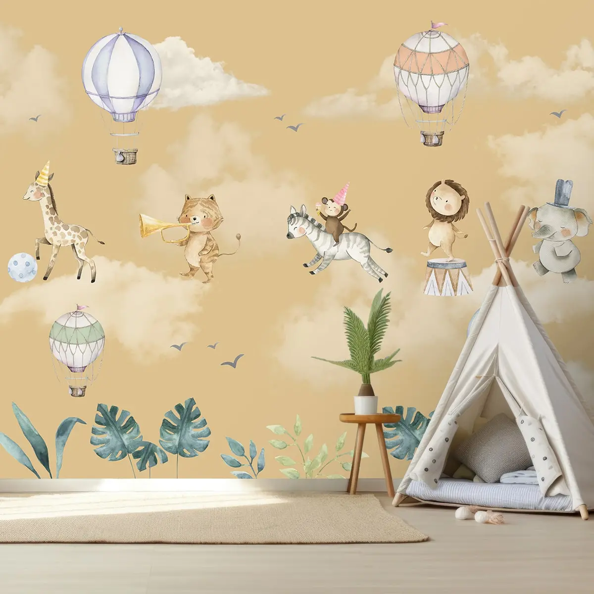 Marching Musical Band Of Jungle Animals, Wallpaper For Nursery, Yellow 1