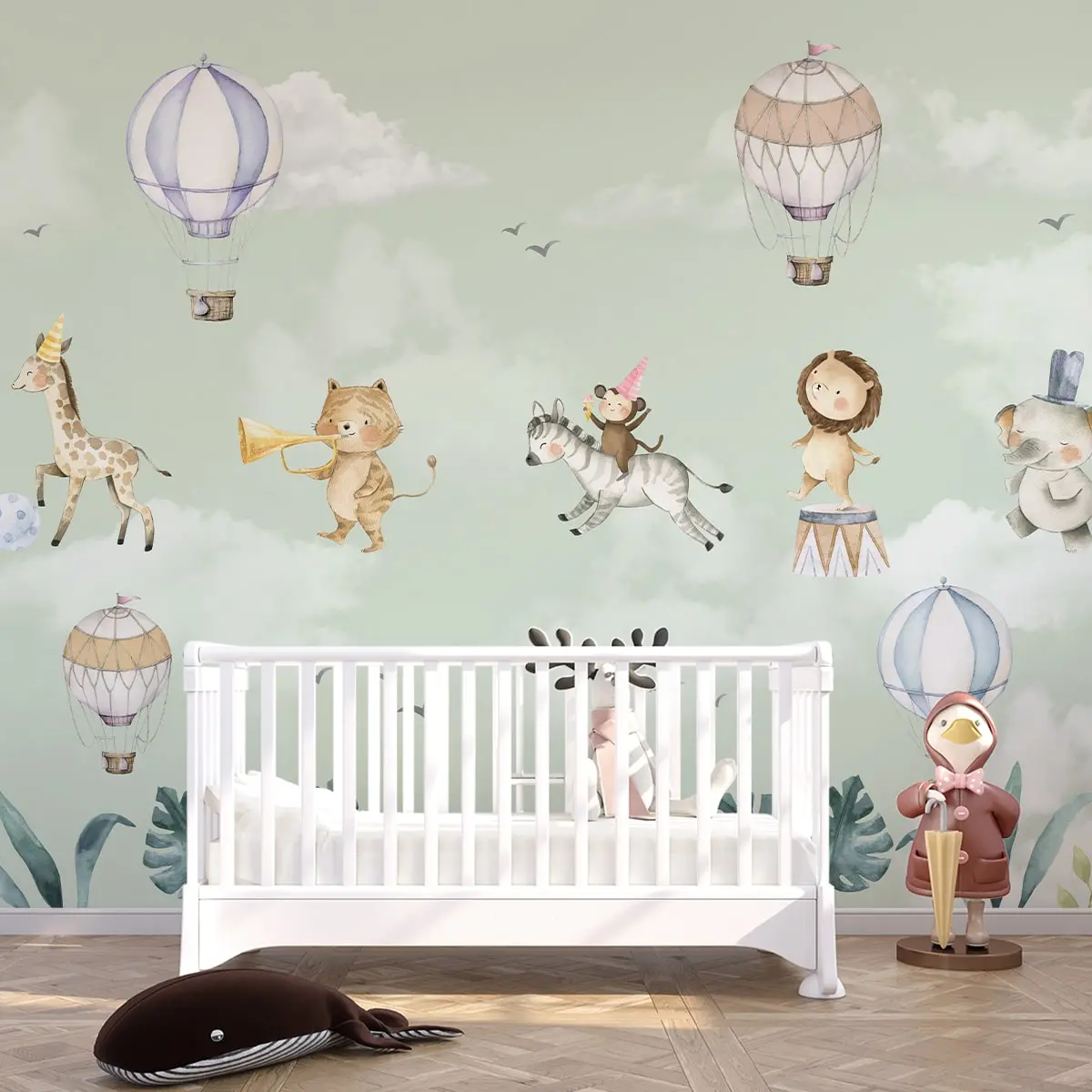 Marching Musical Band Of Jungle Animals, Wallpaper For Nursery, Mint Green 1