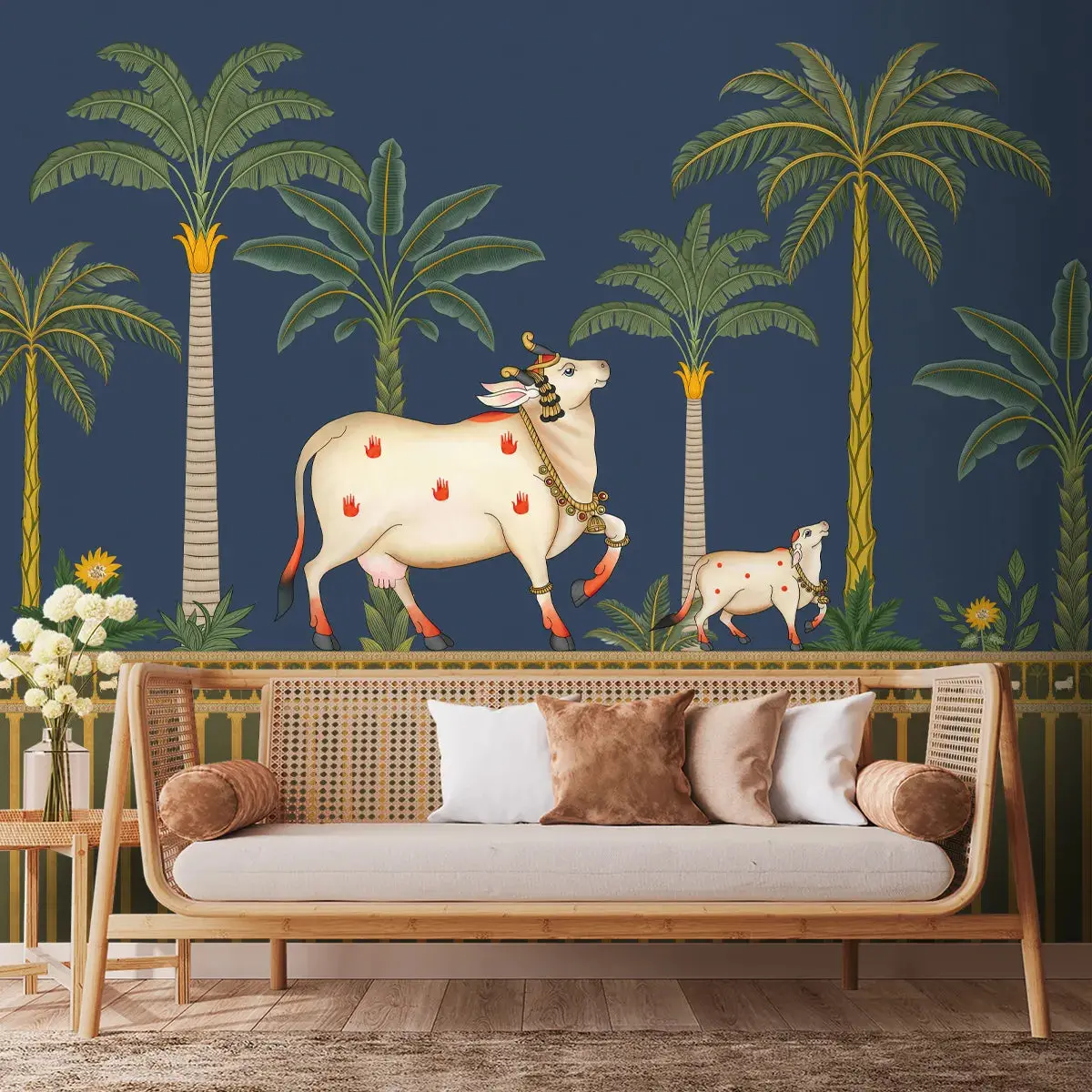 Surabhi Cows Pichwai Design Wallpaper Customised, Blue Color 1