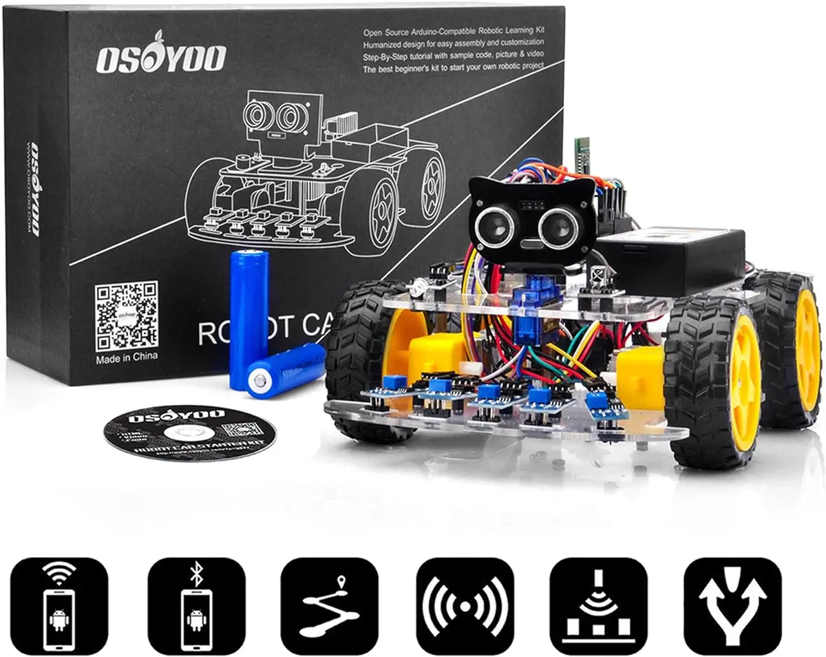 【日本発送】Osoyoo Arduino用 Uno 多機能 教育 ロボット カー | Stem リモコン App 4Wd構築、プログラミング、学習 のための 教育用 電動 ロボティクス コーディング 方法 | スターターキット 電子工作 | 電池付 1