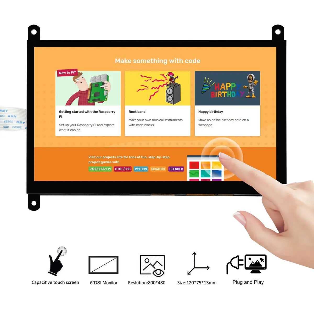Osoyoo 7 Inch Dsi Touch Screen Lcd Display 800X480 For Raspberry Pi 5/4/3/2 1