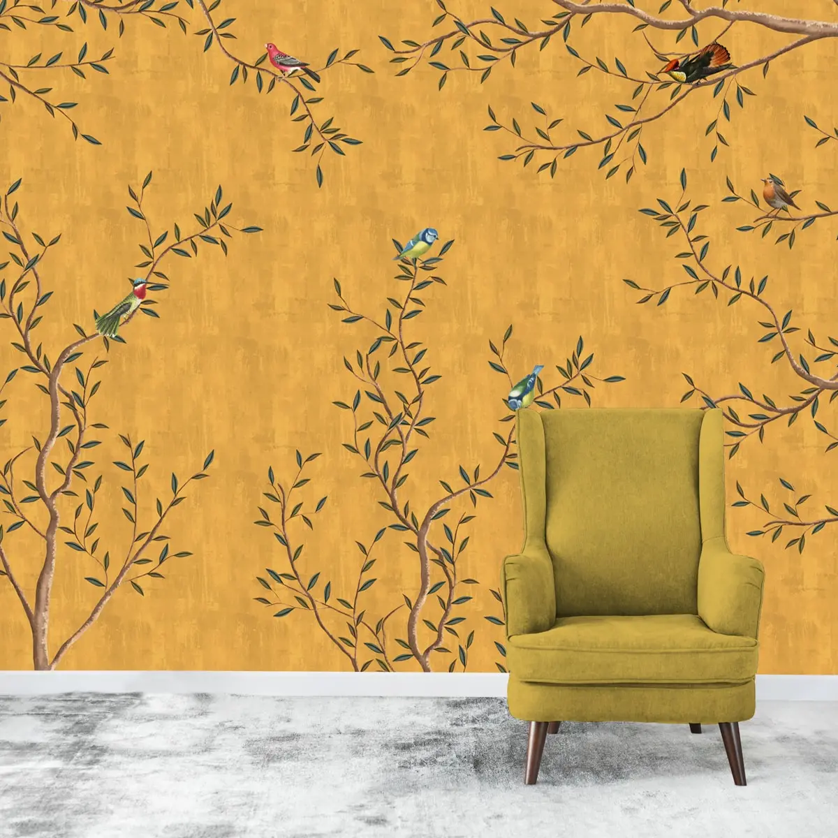 Chinoiserie Design, Mustard Yellow Wallpaper For Walls, Customised 1