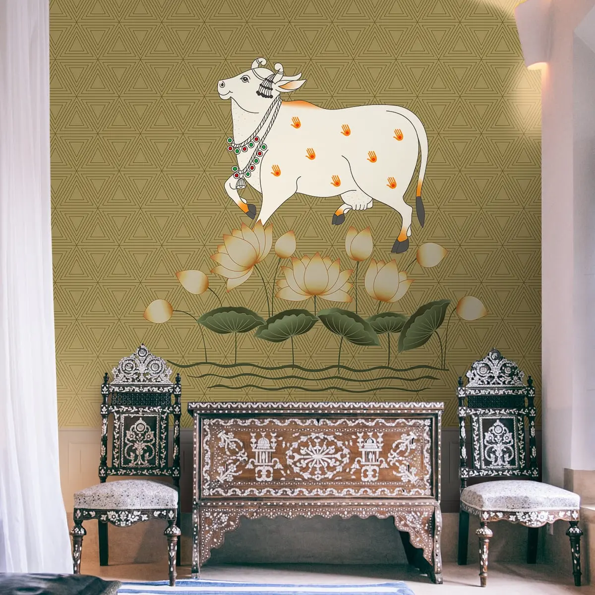 White Cow And Lotuses, Pichwai Wallpaper 1