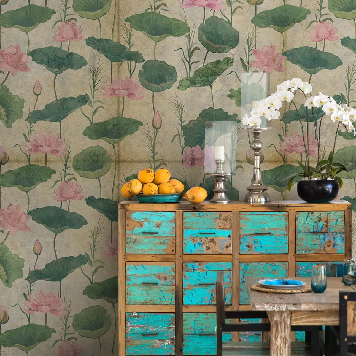Vintage Lotuses, A Rustic Theme Room Wallpaper 1