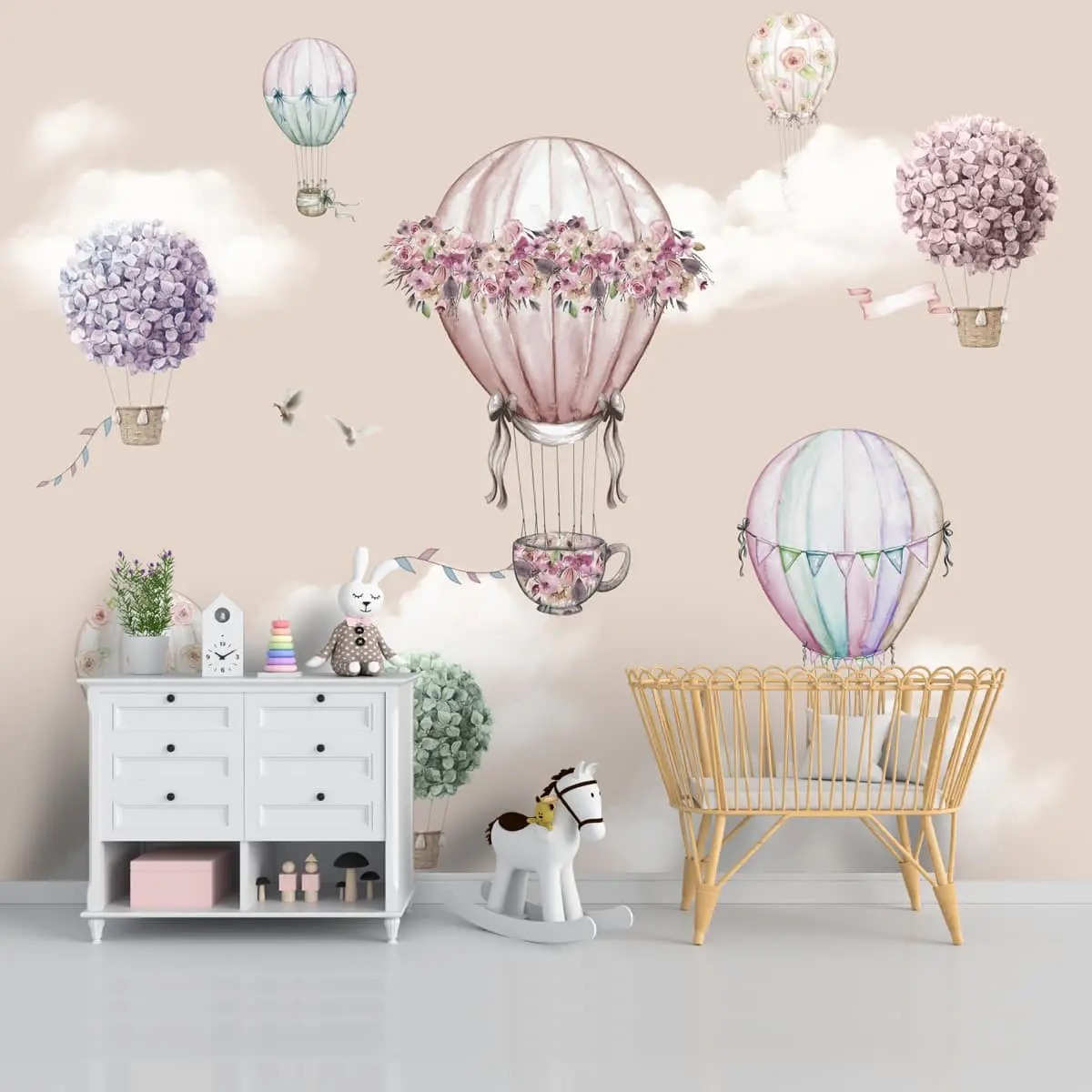 Beautiful Floral Decoration Hot Air Balloons Wall Paper For Young Kids Rooms, Customised 1