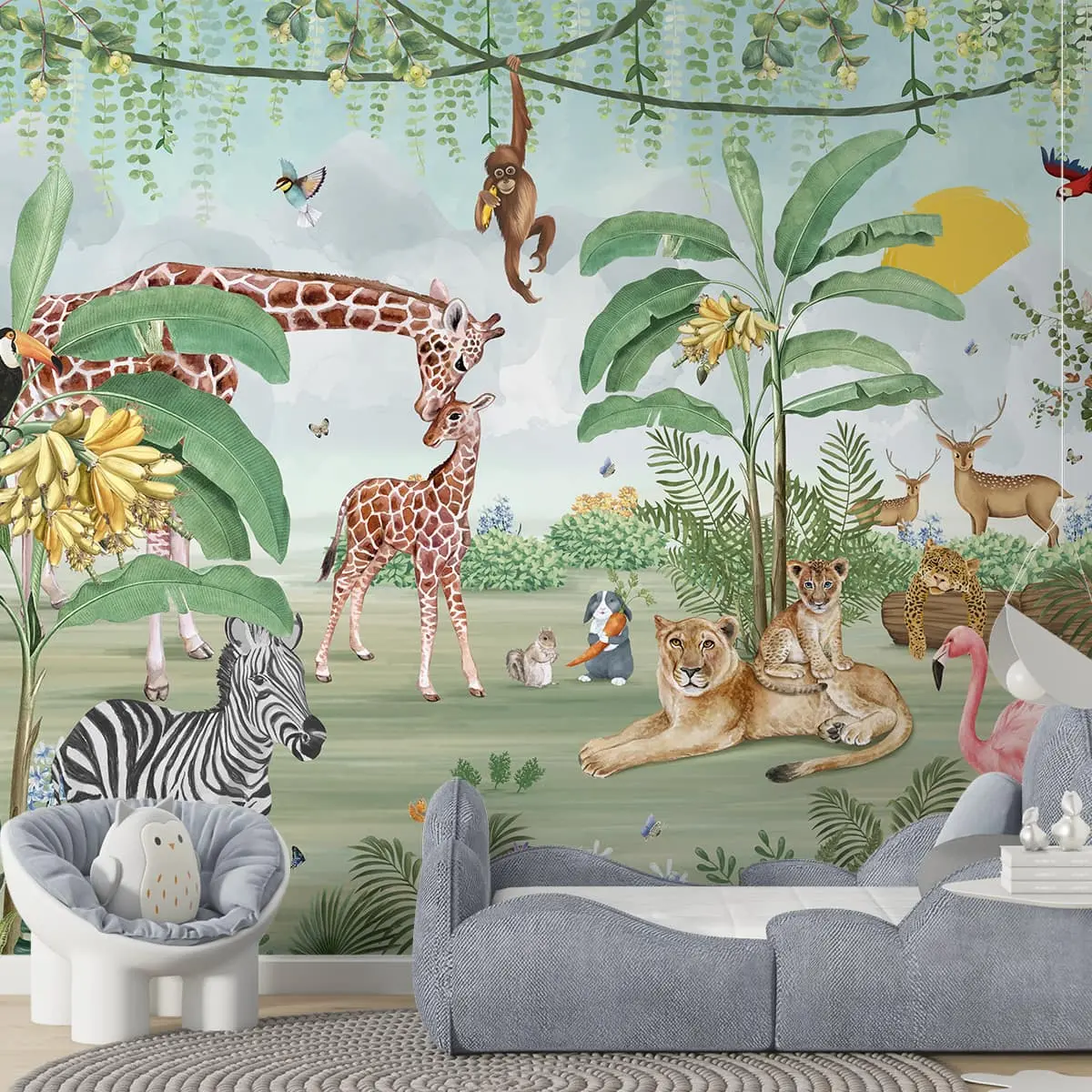 Cute Jungle Animals Mama And Kids Wallpaper For Kids, Customised 1
