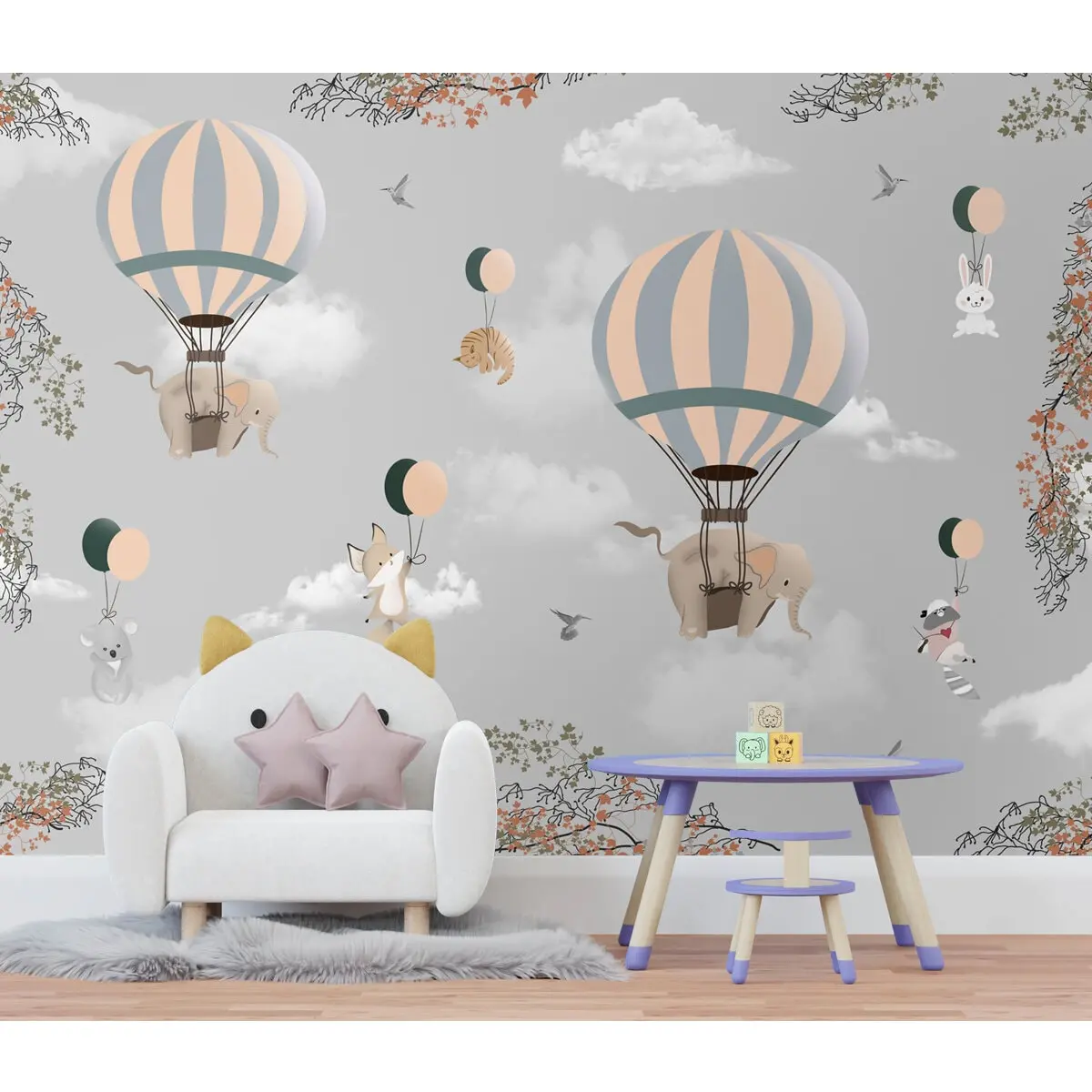 Adorable Elephants And Hot Air Balloons Wallpaper For Kids Room 2