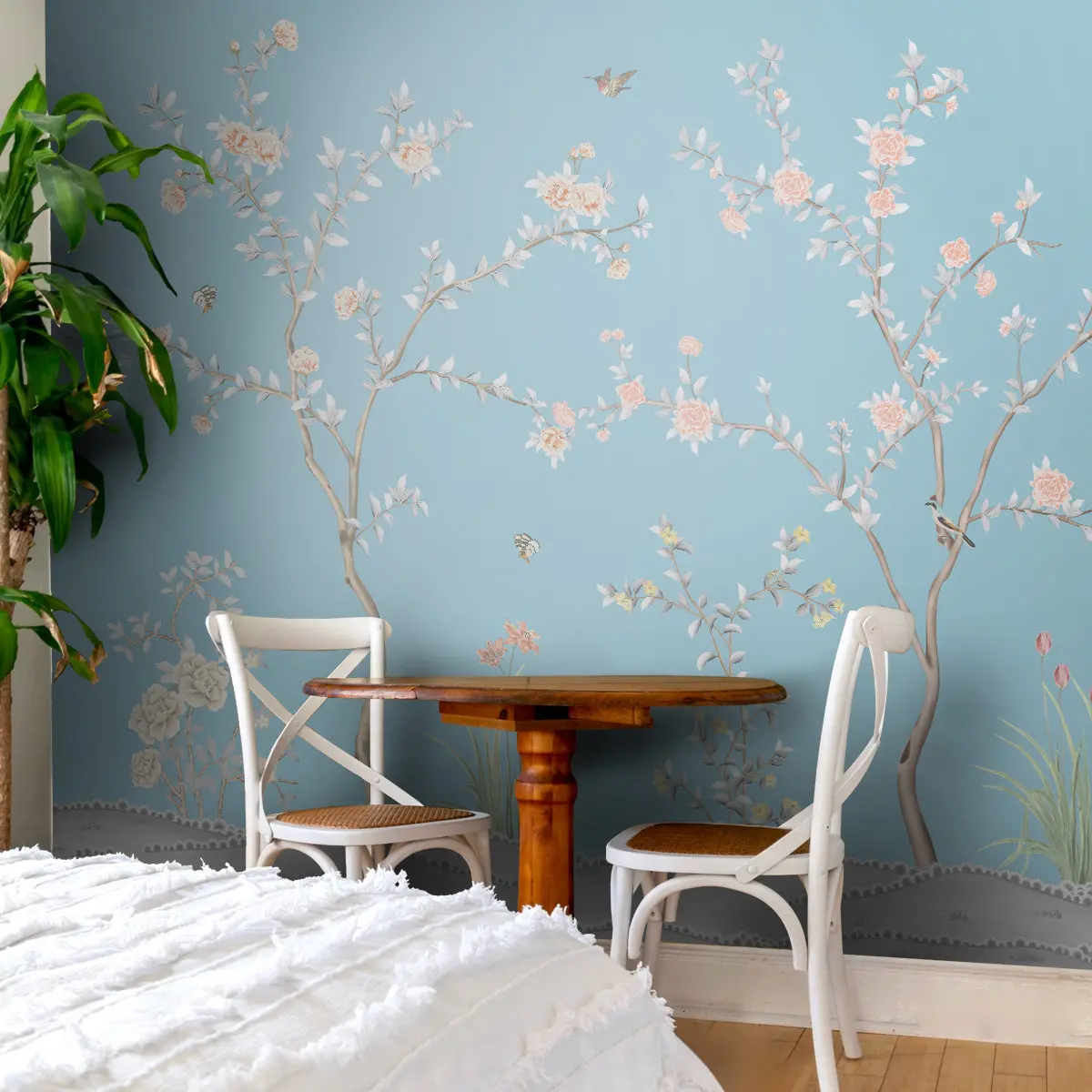 Blue Chinoiserie Wallpaper, Flowers & Birds, Customised 1