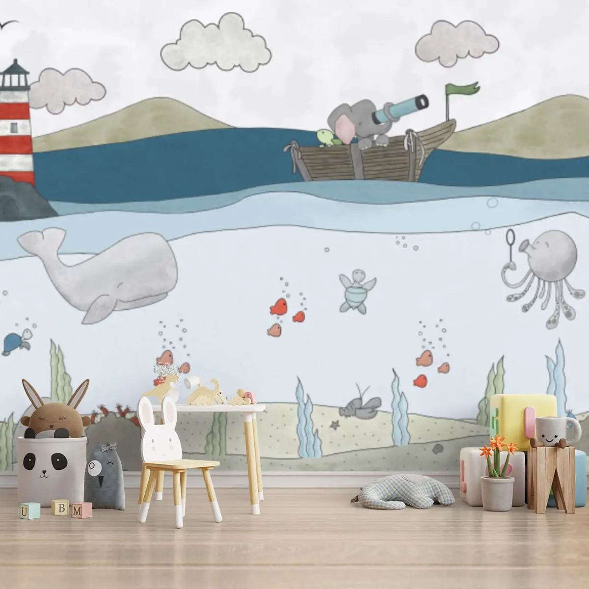 Aquatic Animals Kids Room Wallpaper, Ocean Theme Wallpapers For Kids, Customised 1