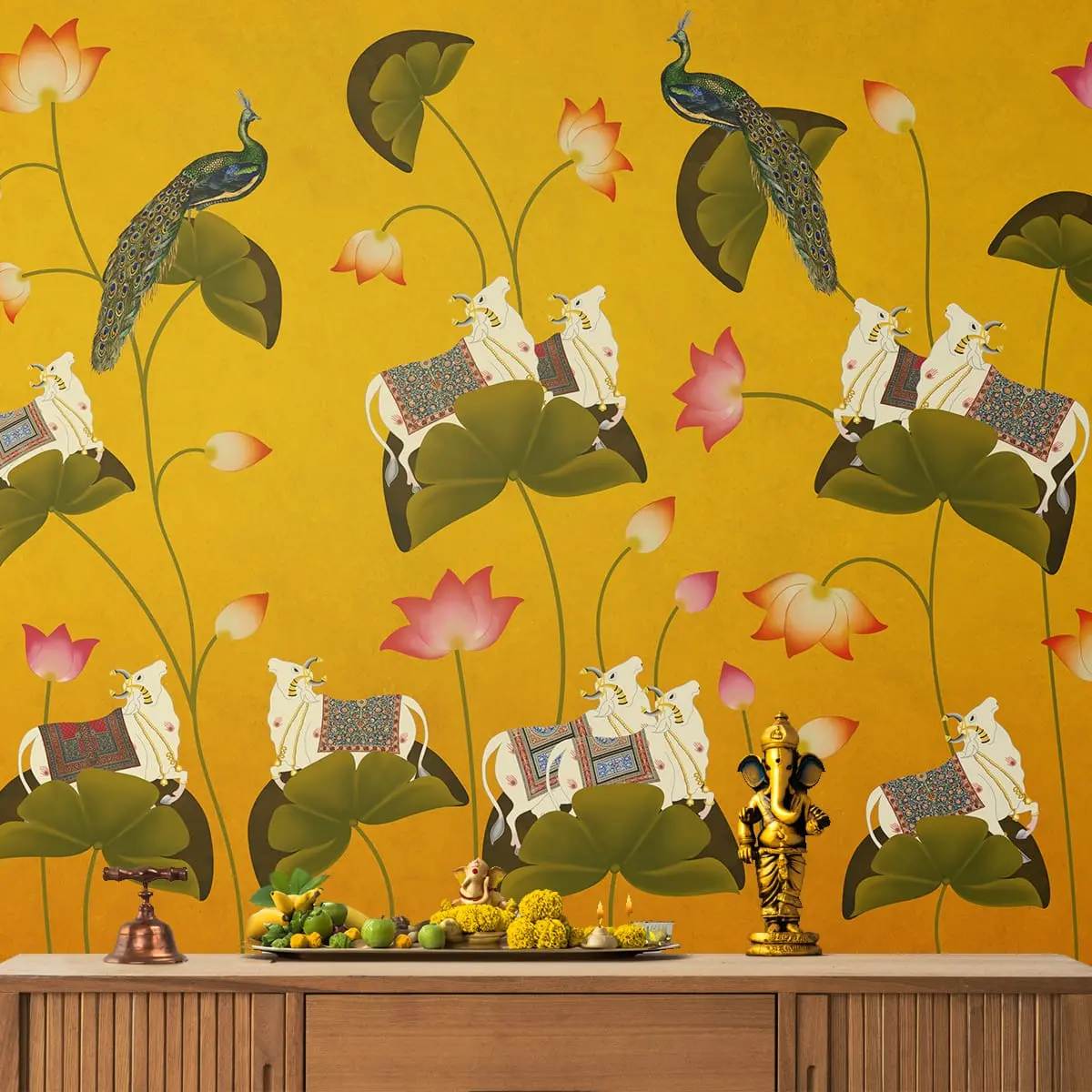 Pichwai Floral Cow Painting Inspired Yellow Wallpaper For Walls 1